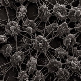 Illustrative render of platelets with extended tendrils, releasing their contents