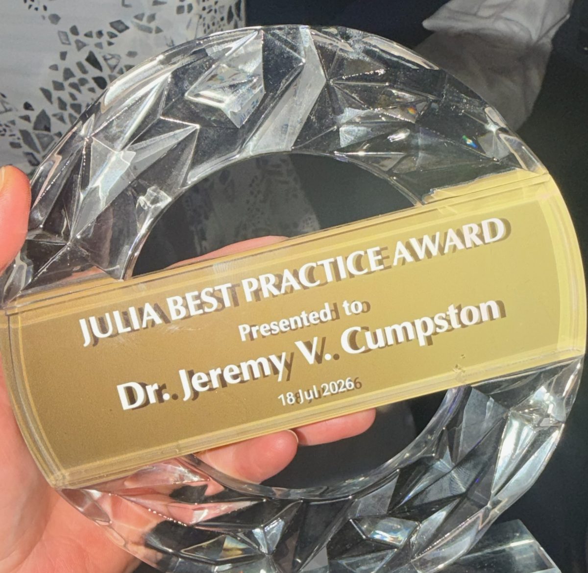 The JULIA Best Practice Award, presented to Dr Jeremy V. Cumpston on 18 July 2026.